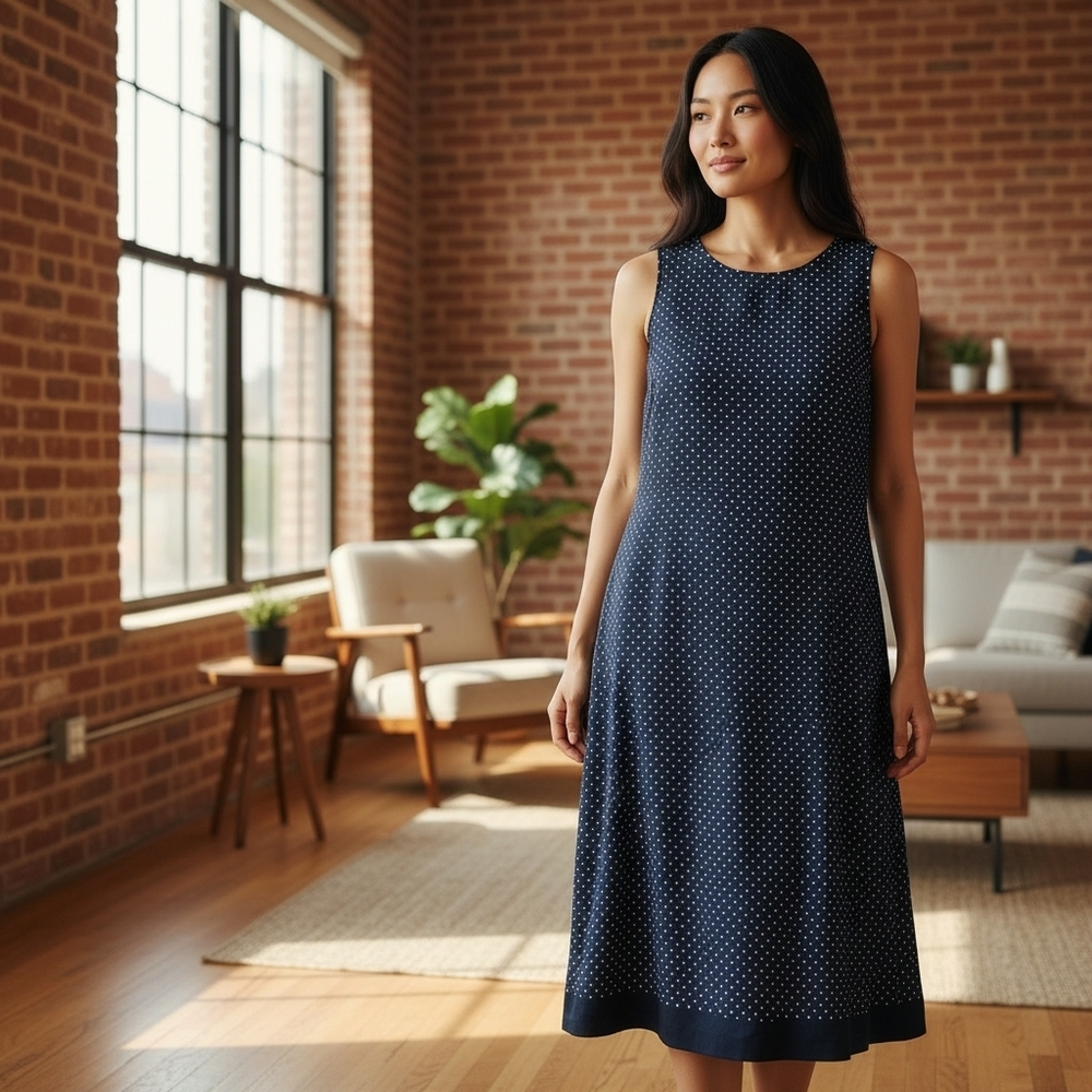 EUC VTG Kazu Navy Blue Polka Dot Sleeveless Women Size 14 Midi Dress Back Slit